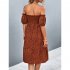 Women Sexy Off Shoulder Dress Elegant Floral Printing Ruffled Midi skirt Summer Short Sleeve Dress For Party navy blue S