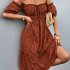 Women Sexy Off Shoulder Dress Elegant Floral Printing Ruffled Midi skirt Summer Short Sleeve Dress For Party navy blue S