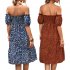 Women Sexy Off Shoulder Dress Elegant Floral Printing Ruffled Midi skirt Summer Short Sleeve Dress For Party navy blue S