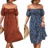 Women Sexy Off Shoulder Dress Elegant Floral Printing Ruffled Midi skirt Summer Short Sleeve Dress For Party navy blue S