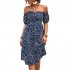 Women Sexy Off Shoulder Dress Elegant Floral Printing Ruffled Midi skirt Summer Short Sleeve Dress For Party navy blue S