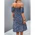Women Sexy Off Shoulder Dress Elegant Floral Printing Ruffled Midi skirt Summer Short Sleeve Dress For Party navy blue S