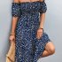 Women Sexy Off Shoulder Dress Elegant Floral Printing Ruffled Midi skirt Summer Short Sleeve Dress For Party navy blue S