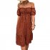 Women Sexy Off Shoulder Dress Elegant Floral Printing Ruffled Midi skirt Summer Short Sleeve Dress For Party navy blue S