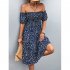 Women Sexy Off Shoulder Dress Elegant Floral Printing Ruffled Midi skirt Summer Short Sleeve Dress For Party navy blue S