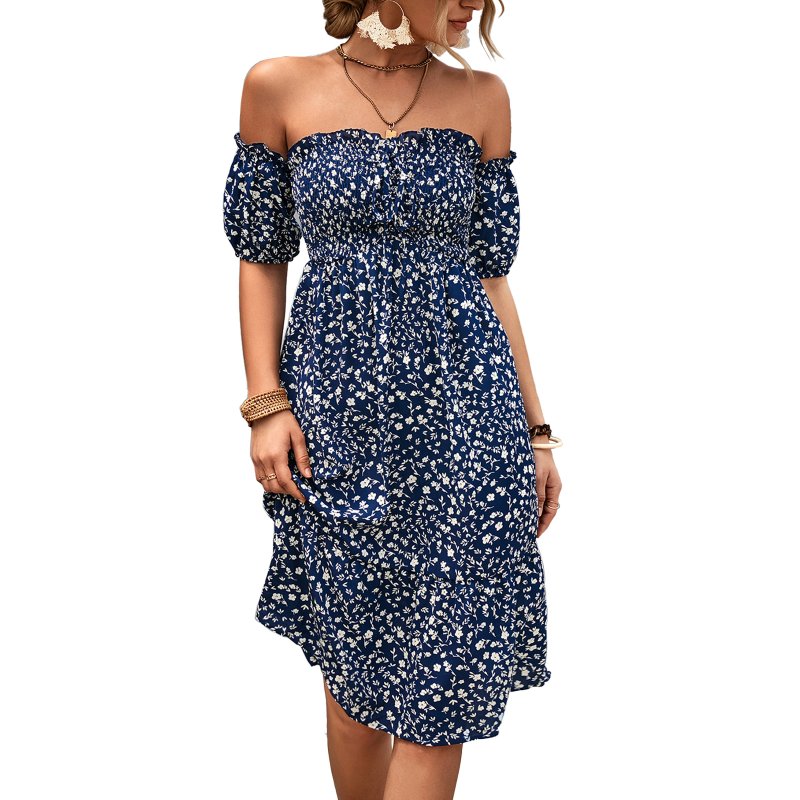 Women Sexy Off Shoulder Dress Elegant Floral Printing Ruffled Midi-skirt Summer Short Sleeve Dress For Party navy blue S
