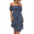 Women Sexy Off Shoulder Dress Elegant Floral Printing Ruffled Midi skirt Summer Short Sleeve Dress For Party navy blue S