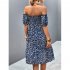 Women Sexy Off Shoulder Dress Elegant Floral Printing Ruffled Midi skirt Summer Short Sleeve Dress For Party navy blue L
