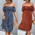 Women Sexy Off Shoulder Dress Elegant Floral Printing Ruffled Midi skirt Summer Short Sleeve Dress For Party navy blue L