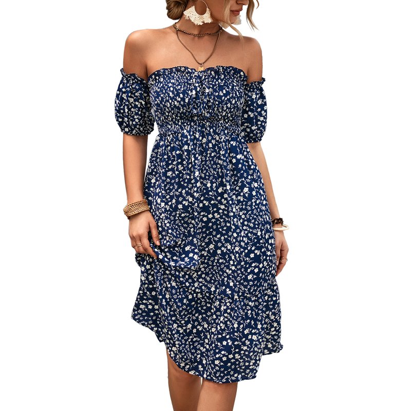 Women Sexy Off Shoulder Dress Elegant Floral Printing Ruffled Midi-skirt Summer Short Sleeve Dress For Party navy blue L