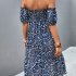 Women Sexy Off Shoulder Dress Elegant Floral Printing Ruffled Midi skirt Summer Short Sleeve Dress For Party navy blue L
