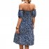 Women Sexy Off Shoulder Dress Elegant Floral Printing Ruffled Midi skirt Summer Short Sleeve Dress For Party navy blue L