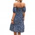 Women Sexy Off Shoulder Dress Elegant Floral Printing Ruffled Midi skirt Summer Short Sleeve Dress For Party navy blue L