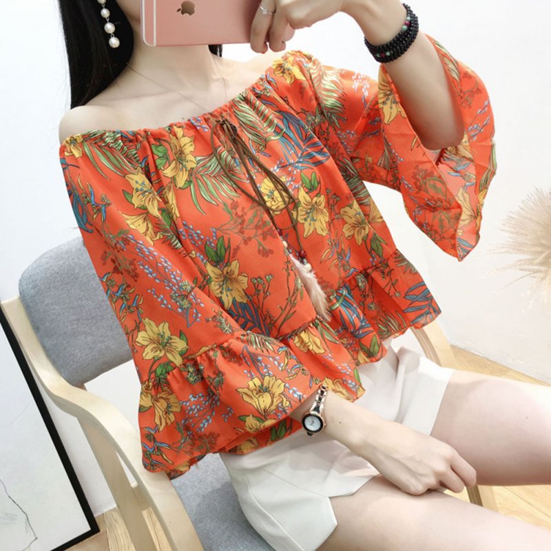 Women's Floral Printing Off-Shoulder Chiffon Blouse 