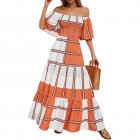 Women Sexy Off-shoulder Dress Elegant Striped Large Swing Long Skirt High Waist Ruffles Dress For Beach orange stripes S