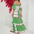 Women Sexy Off shoulder Dress Elegant Striped Large Swing Long Skirt High Waist Ruffles Dress For Beach green stripes S