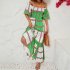 Women Sexy Off shoulder Dress Elegant Striped Large Swing Long Skirt High Waist Ruffles Dress For Beach green stripes S