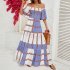 Women Sexy Off shoulder Dress Elegant Striped Large Swing Long Skirt High Waist Ruffles Dress For Beach green stripes S