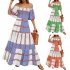 Women Sexy Off shoulder Dress Elegant Striped Large Swing Long Skirt High Waist Ruffles Dress For Beach green stripes S