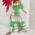 Women Sexy Off shoulder Dress Elegant Striped Large Swing Long Skirt High Waist Ruffles Dress For Beach green stripes S