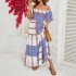 Women Sexy Off shoulder Dress Elegant Striped Large Swing Long Skirt High Waist Ruffles Dress For Beach green stripes S