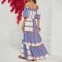 Women Sexy Off shoulder Dress Elegant Striped Large Swing Long Skirt High Waist Ruffles Dress For Beach green stripes S
