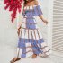 Women Sexy Off shoulder Dress Elegant Striped Large Swing Long Skirt High Waist Ruffles Dress For Beach green stripes S