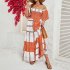 Women Sexy Off shoulder Dress Elegant Striped Large Swing Long Skirt High Waist Ruffles Dress For Beach green stripes S