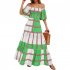 Women Sexy Off shoulder Dress Elegant Striped Large Swing Long Skirt High Waist Ruffles Dress For Beach green stripes S