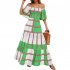 Women Sexy Off shoulder Dress Elegant Striped Large Swing Long Skirt High Waist Ruffles Dress For Beach green stripes XL