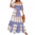 Women Sexy Off shoulder Dress Elegant Striped Large Swing Long Skirt High Waist Ruffles Dress For Beach blue stripes S