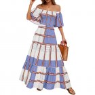 Women Sexy Off-shoulder Dress Elegant Striped Large Swing Long Skirt High Waist Ruffles Dress For Beach blue stripes L
