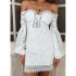 Women Sexy Off shoulder Cotton Embroidered Lace Dress with Long Sleeves white S