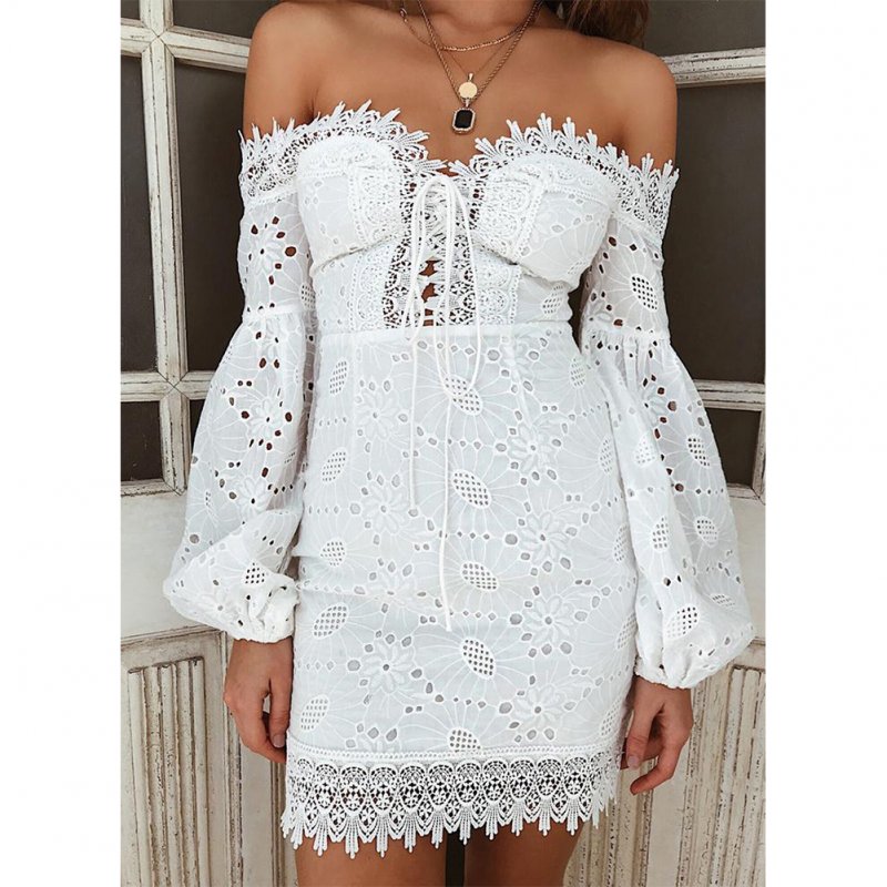 Women Sexy Off-shoulder Cotton Embroidered Lace Dress with Long Sleeves white_S