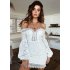 Women Sexy Off shoulder Cotton Embroidered Lace Dress with Long Sleeves white S