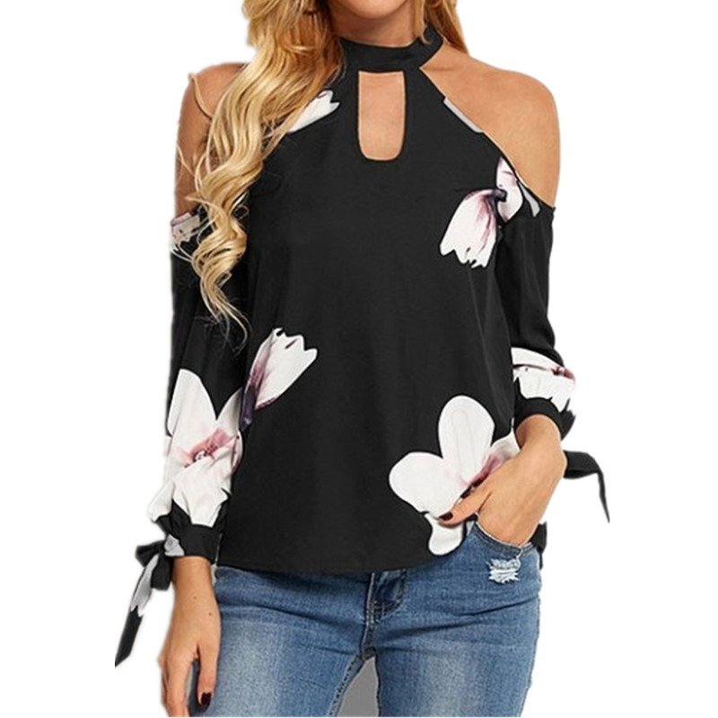Women Sexy Off-shoulder Halter Stylish T-shirt Flower Print Long Sleeve Brouse
