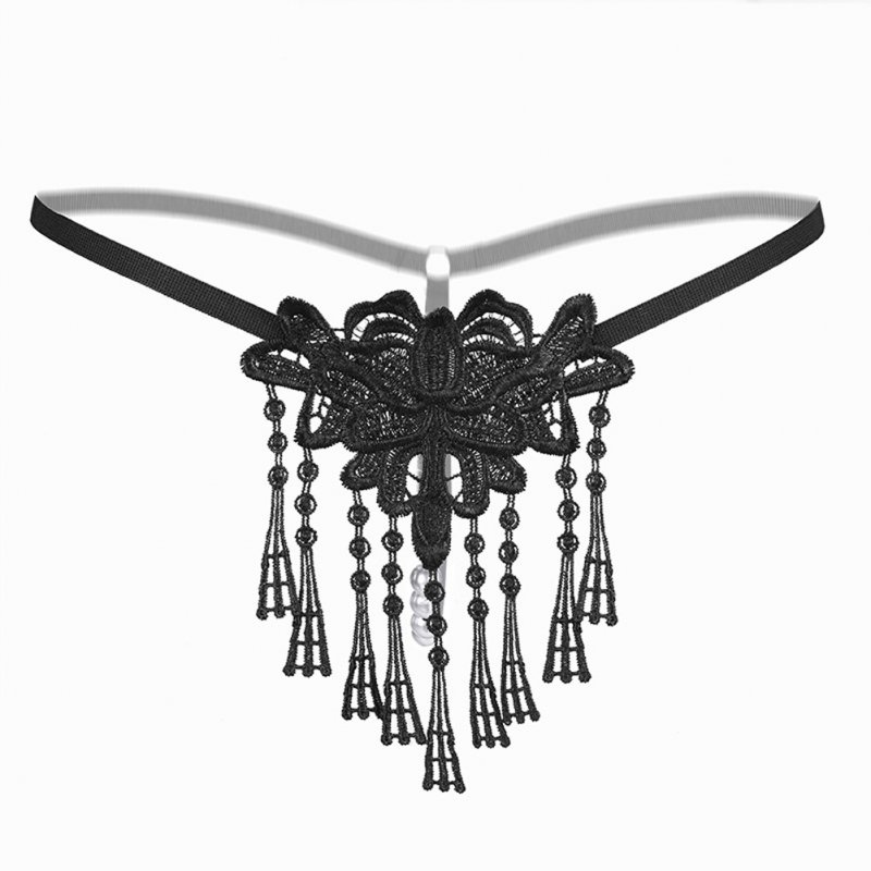 Women Sexy Pearl G-string Underwear Low-waist Tassels Lace Ladies Panties Underwear Pants Thong 2185 # black_One size