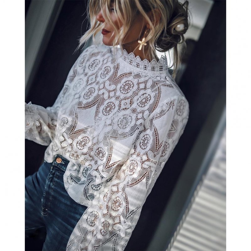 Women Sexy Solid Color See Through Long Sleeve Stand Collar Lace Shirt white_S