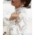 Women Sexy Solid Color See Through Long Sleeve Stand Collar Lace Shirt black M