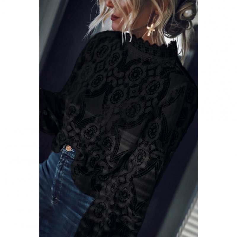 Women Sexy Solid Color See Through Long Sleeve Stand Collar Lace Shirt black_M