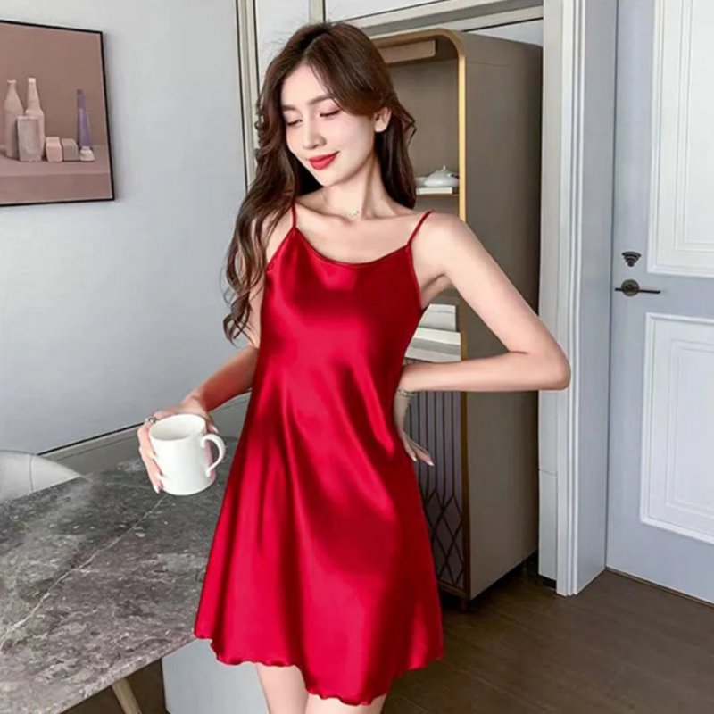 Women Sexy Solid Color Pajamas Summer Thin Sleeveless Spaghetti Straps Nightdress Homewear red M