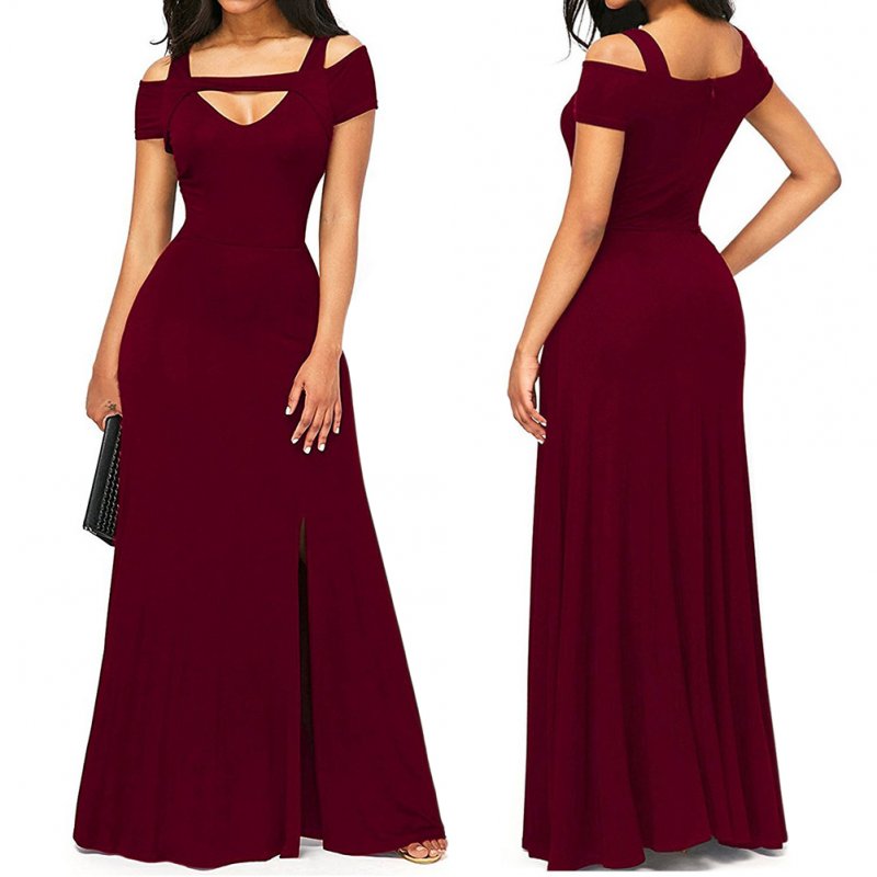 Women Sexy V-Neck Long Slit Dress Big Hem Solid Color Slim Waist Dress