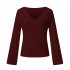 Women Sexy V neck Pagoda Sleeve Sweater Elegant Solid Color Loose Pullover