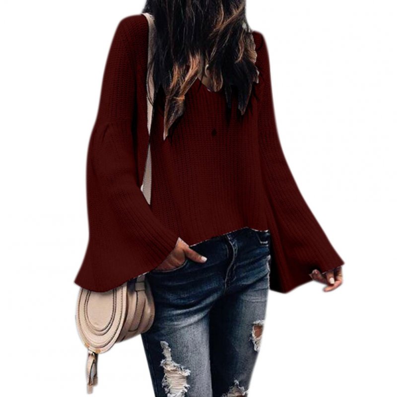 Women Sexy V-neck Pagoda Sleeve Sweater Elegant Solid Color Loose Pullover