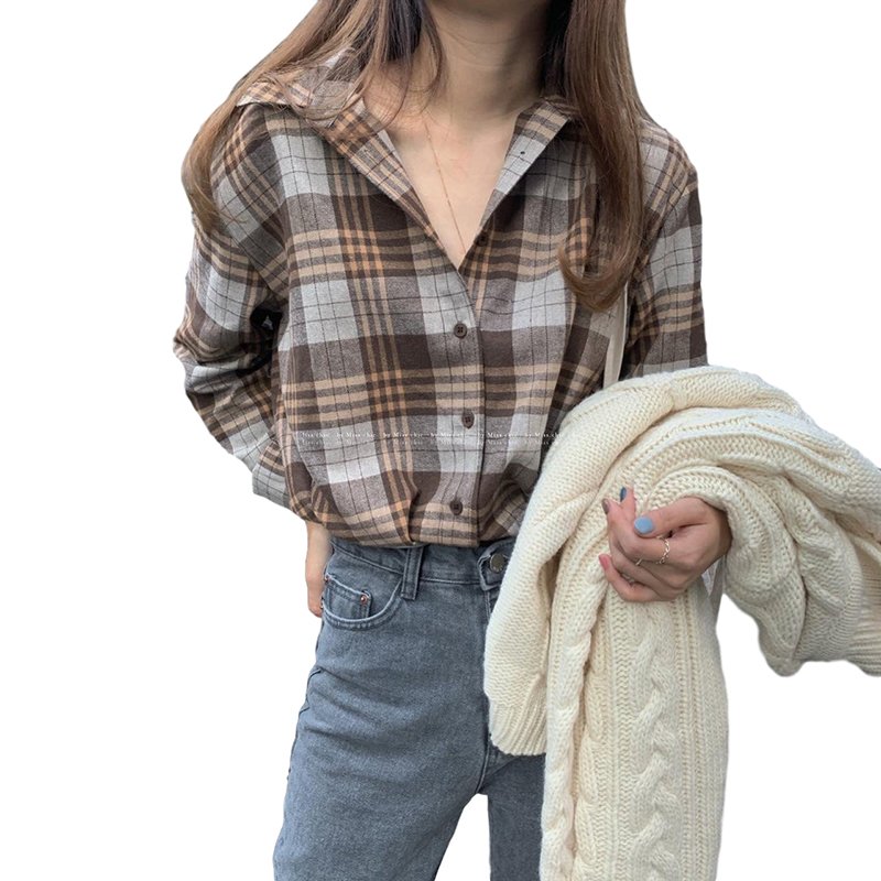 Women Shirt Plaid Shirt With Long Sleeves Lapel Tops Spring and Autumn vintage plaid shirt gray_M
