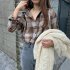 Women Shirt Plaid Shirt With Long Sleeves Lapel Tops Spring and Autumn vintage plaid shirt gray M