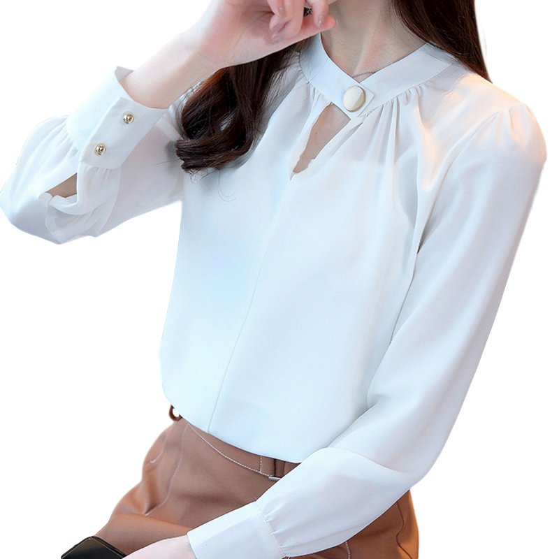 Women Shirt Spring Autumn Loose Stand Collar Shirt Sweet Style Long Sleeve Chiffon Shirt white_S