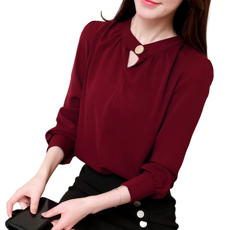 Women Shirt Spring Autumn Loose Stand Collar Shirt Sweet Style Long Sleeve Chiffon Shirt Red wine_M