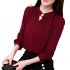 Women Shirt Spring Autumn Loose Stand Collar Shirt Sweet Style Long Sleeve Chiffon Shirt Red wine M