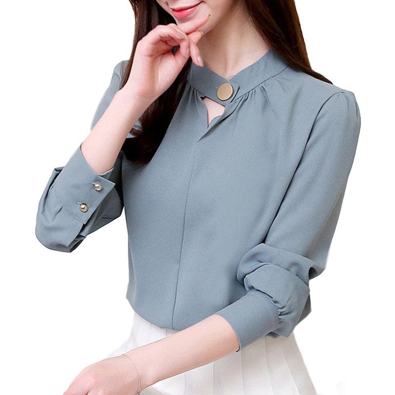 Women Shirt Spring Autumn Loose Stand Collar Shirt Sweet Style Long Sleeve Chiffon Shirt Gray blue_S